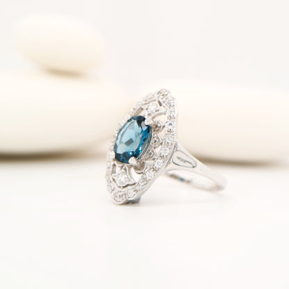 London blue topaz and CZ cocktail shield ring in Sterling Silver