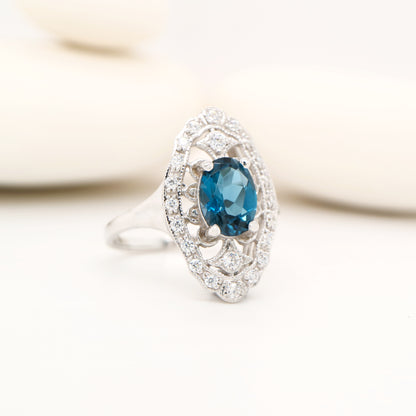 London blue topaz and CZ cocktail shield ring in Sterling Silver