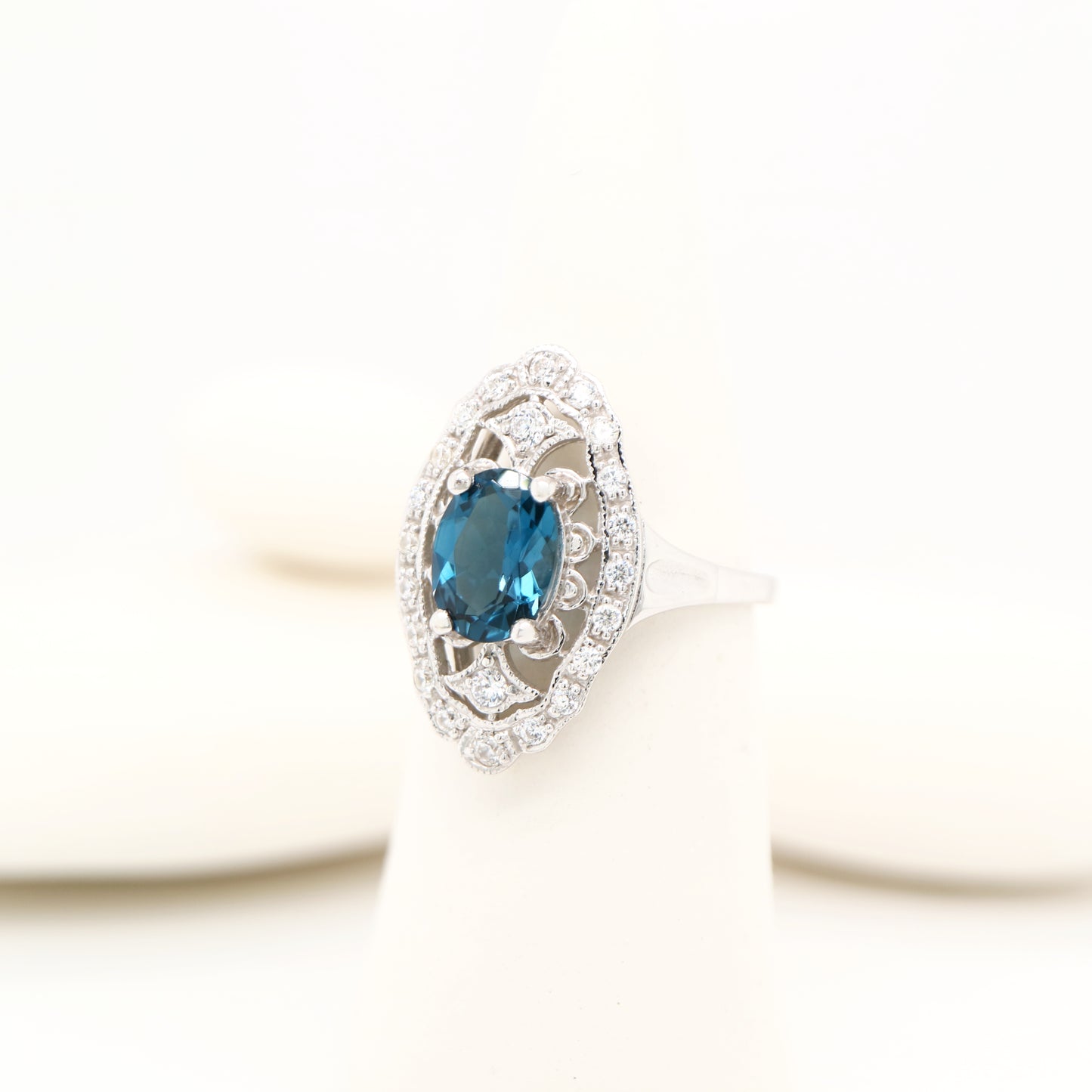 London blue topaz and CZ cocktail shield ring in Sterling Silver