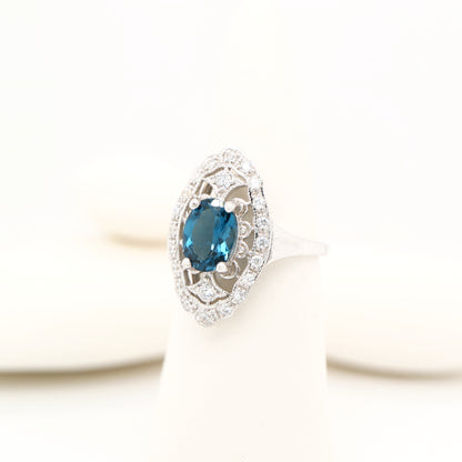 London blue topaz and CZ cocktail shield ring in Sterling Silver