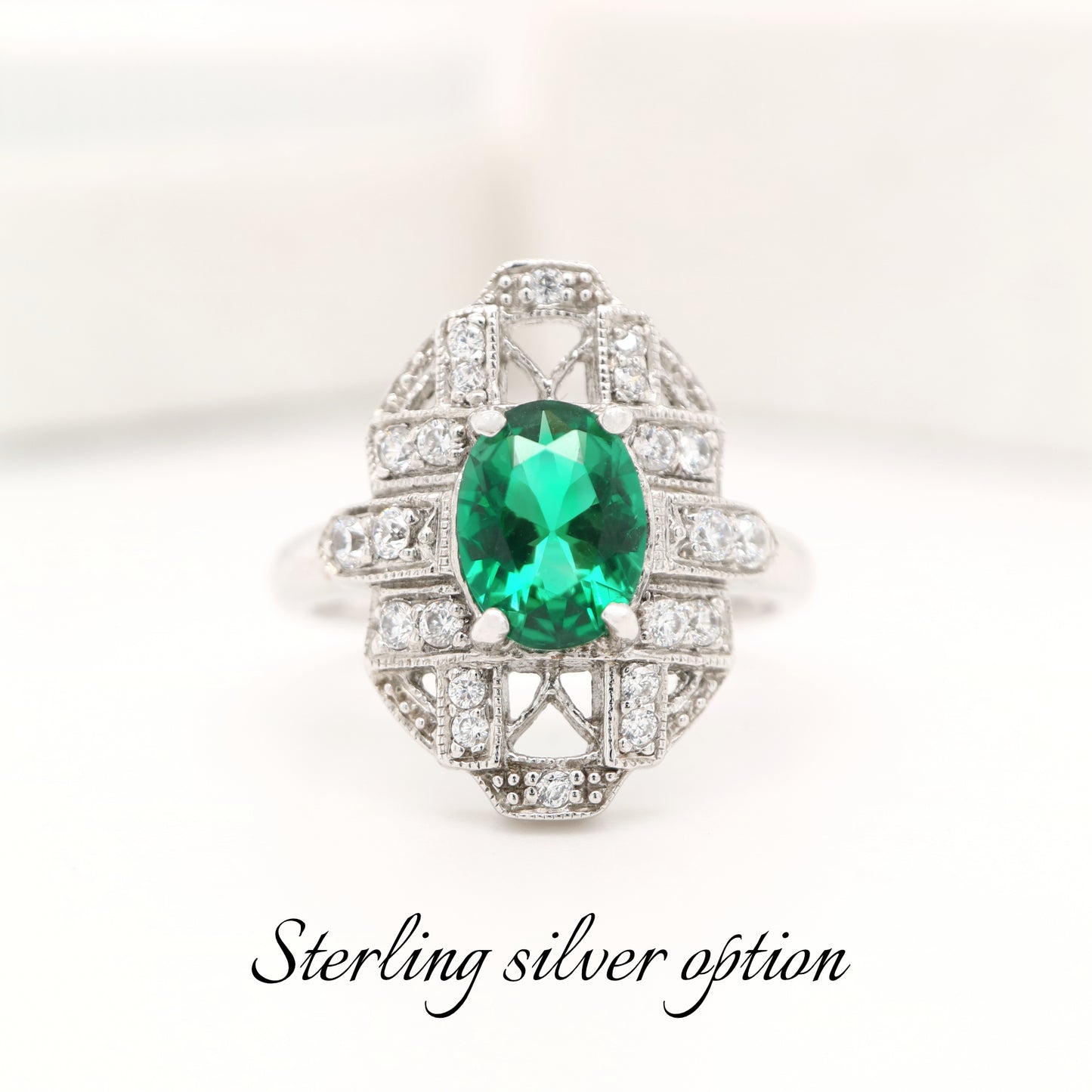 Art deco laboratory grown emerald with cz in sterling silver