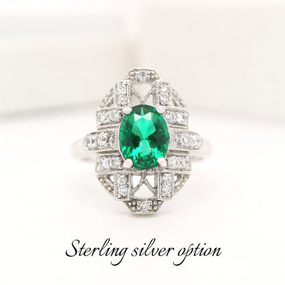 Art deco laboratory grown emerald with cz in sterling silver