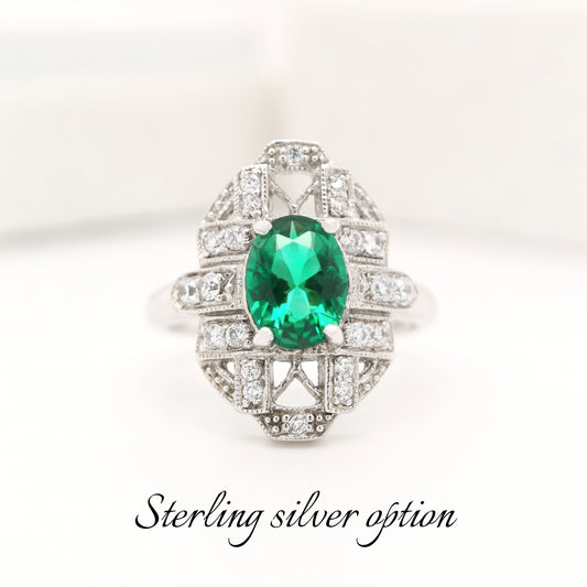 Art deco laboratory grown emerald with cz in sterling silver