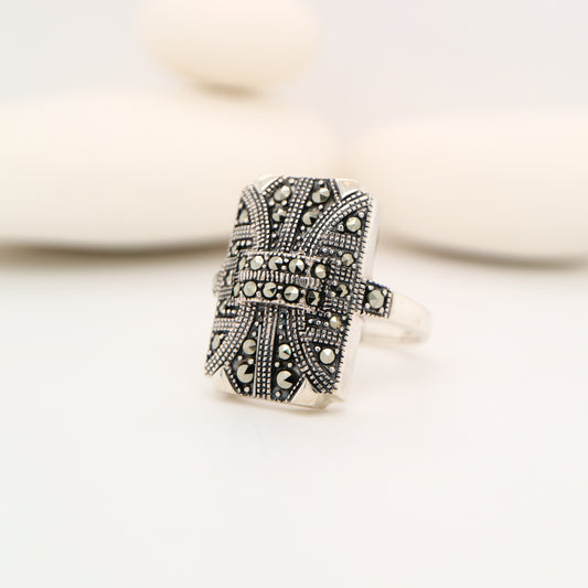 Art deco shield ring in marcasite and sterling silver