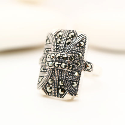 Art deco shield ring in marcasite and sterling silver