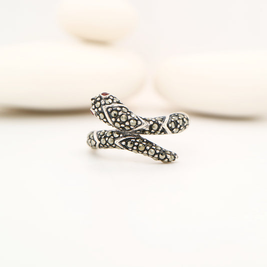 Snake ring with marcasite and garnet in sterling silver