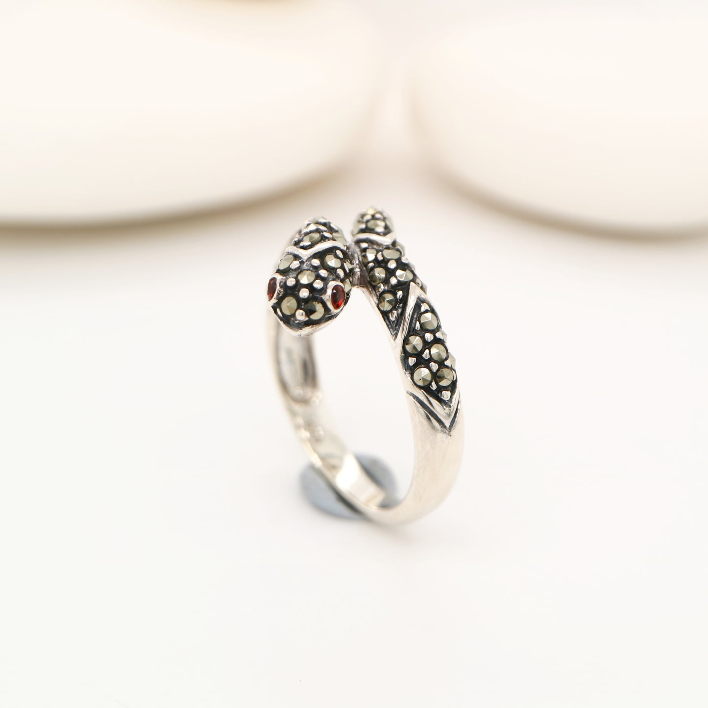 Snake ring with marcasite and garnet in sterling silver