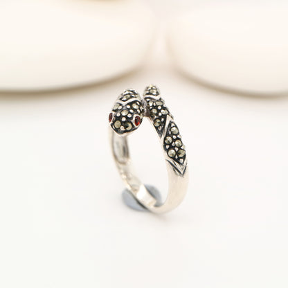 Snake ring with marcasite and garnet in sterling silver
