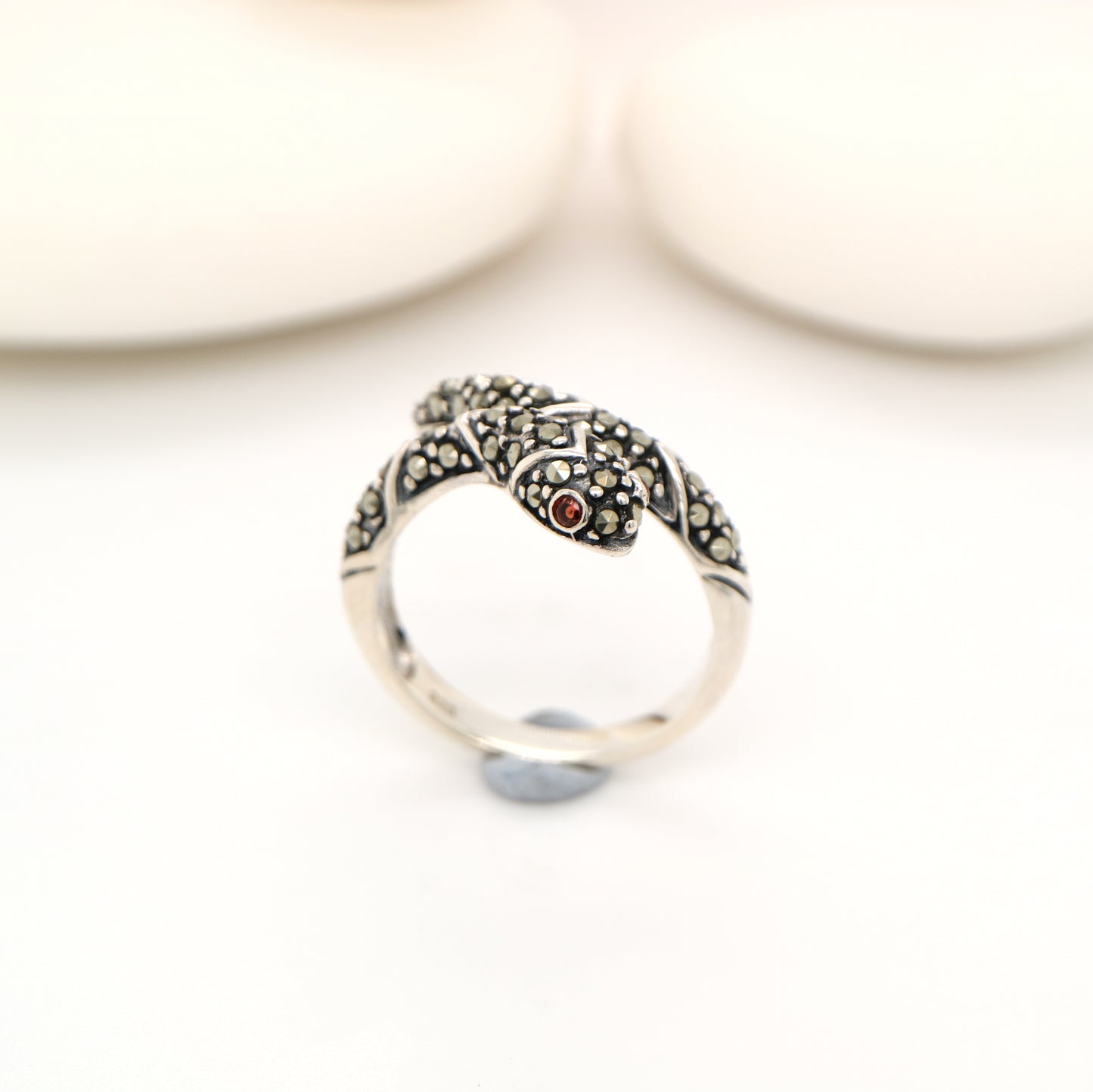 Snake ring with marcasite and garnet in sterling silver