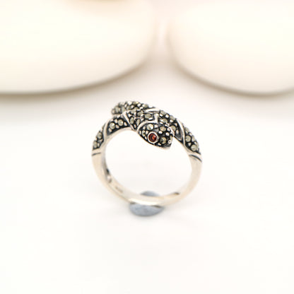 Snake ring with marcasite and garnet in sterling silver
