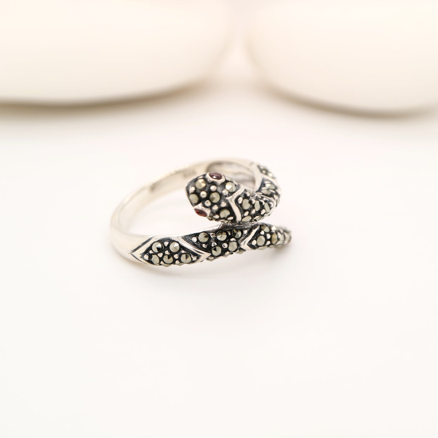 Snake ring with marcasite and garnet in sterling silver