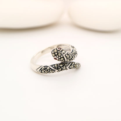 Snake ring with marcasite and garnet in sterling silver