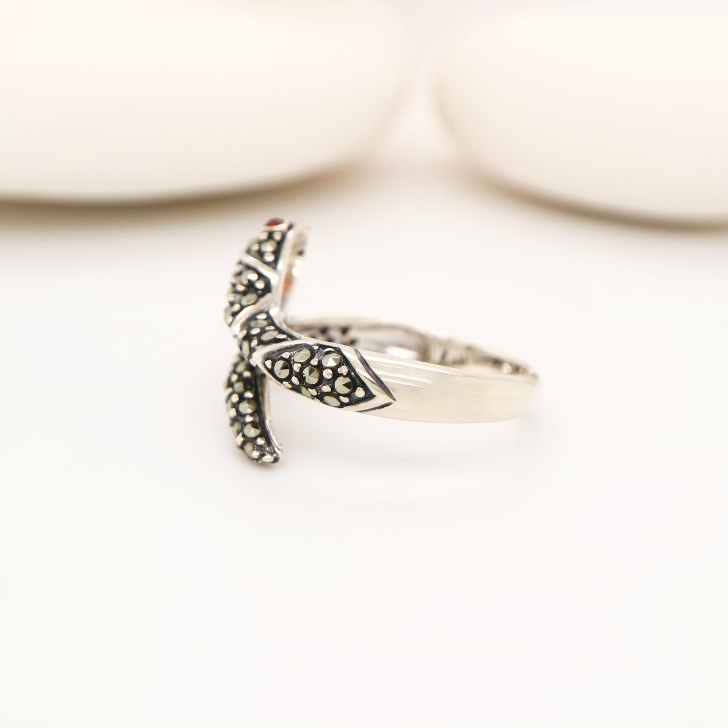 Snake ring with marcasite and garnet in sterling silver