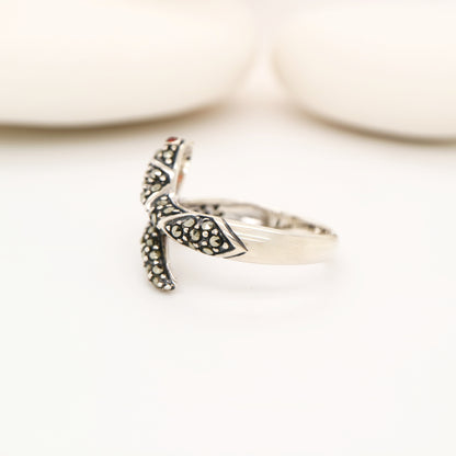 Snake ring with marcasite and garnet in sterling silver
