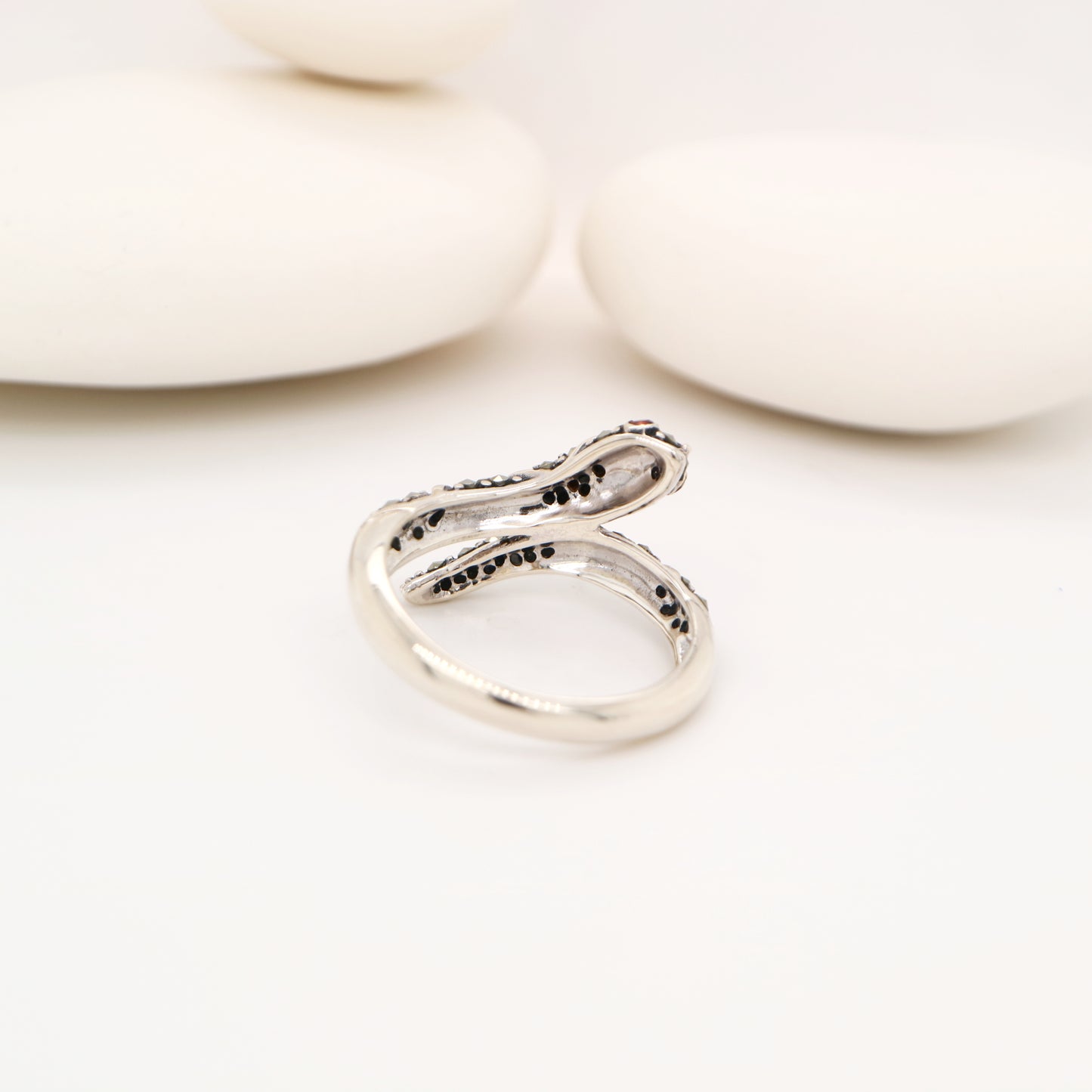Snake ring with marcasite and garnet in sterling silver