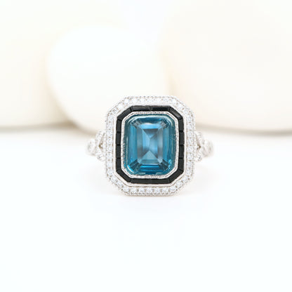 Onyx halo art deco ring with london blue topaz in sterling silver