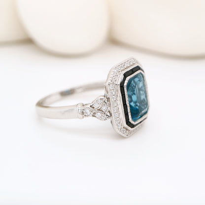 Onyx halo art deco ring with london blue topaz in sterling silver