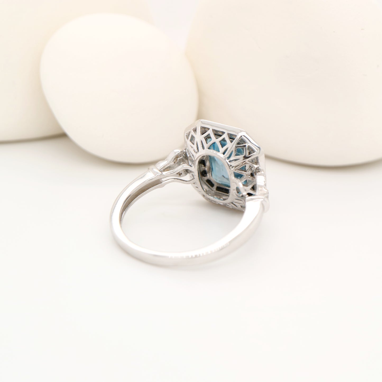 Onyx halo art deco ring with london blue topaz in sterling silver