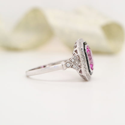 Art deco ring with laboratory grown pink sapphire, onyx and cz halo in sterling silver