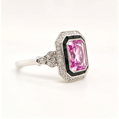 Art deco ring with laboratory grown pink sapphire, onyx and cz halo in sterling silver