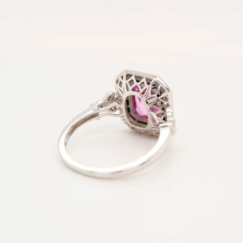 Art deco ring with laboratory grown pink sapphire, onyx and cz halo in sterling silver