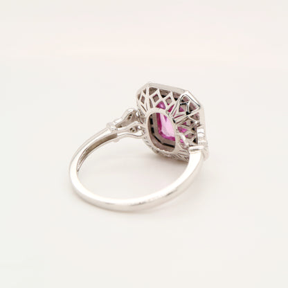 Art deco ring with laboratory grown pink sapphire, onyx and cz halo in sterling silver