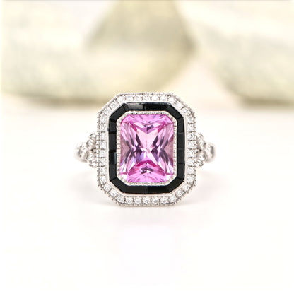 Art deco ring with laboratory grown pink sapphire, onyx and cz halo in sterling silver