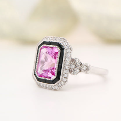 Art deco ring with laboratory grown pink sapphire, onyx and cz halo in sterling silver