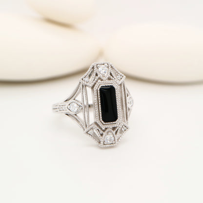 Cocktail shield ring with onyx and diamonds in sterling silver