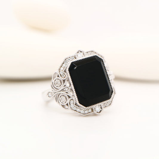Onyx cocktail ring with diamonds in sterling silver