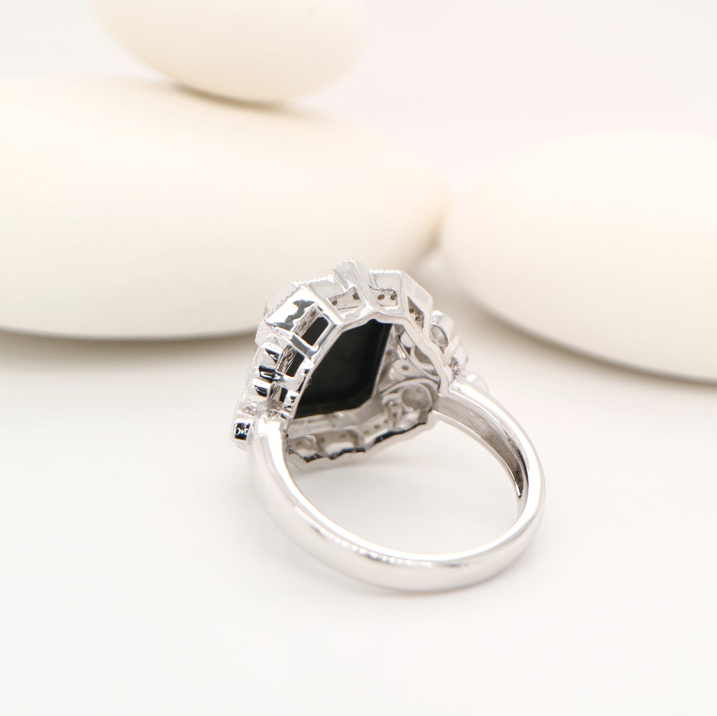 Onyx cocktail ring with diamonds in sterling silver