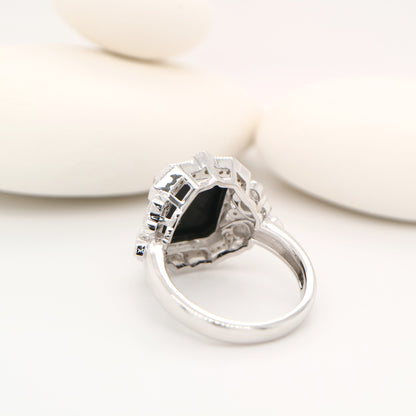 Onyx cocktail ring with diamonds in sterling silver
