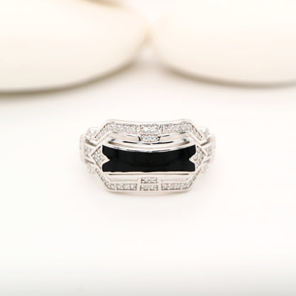 Art deco enamel band ring with diamonds in sterling silver