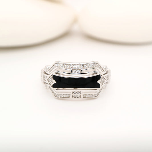 Art deco enamel band ring with diamonds in sterling silver