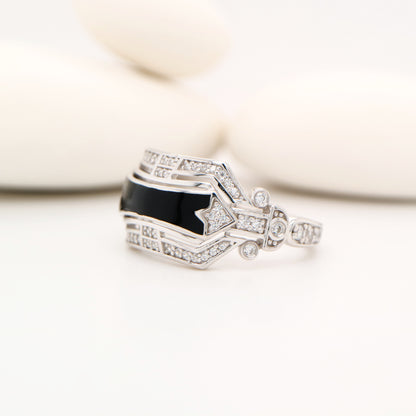 Art deco enamel band ring with diamonds in sterling silver