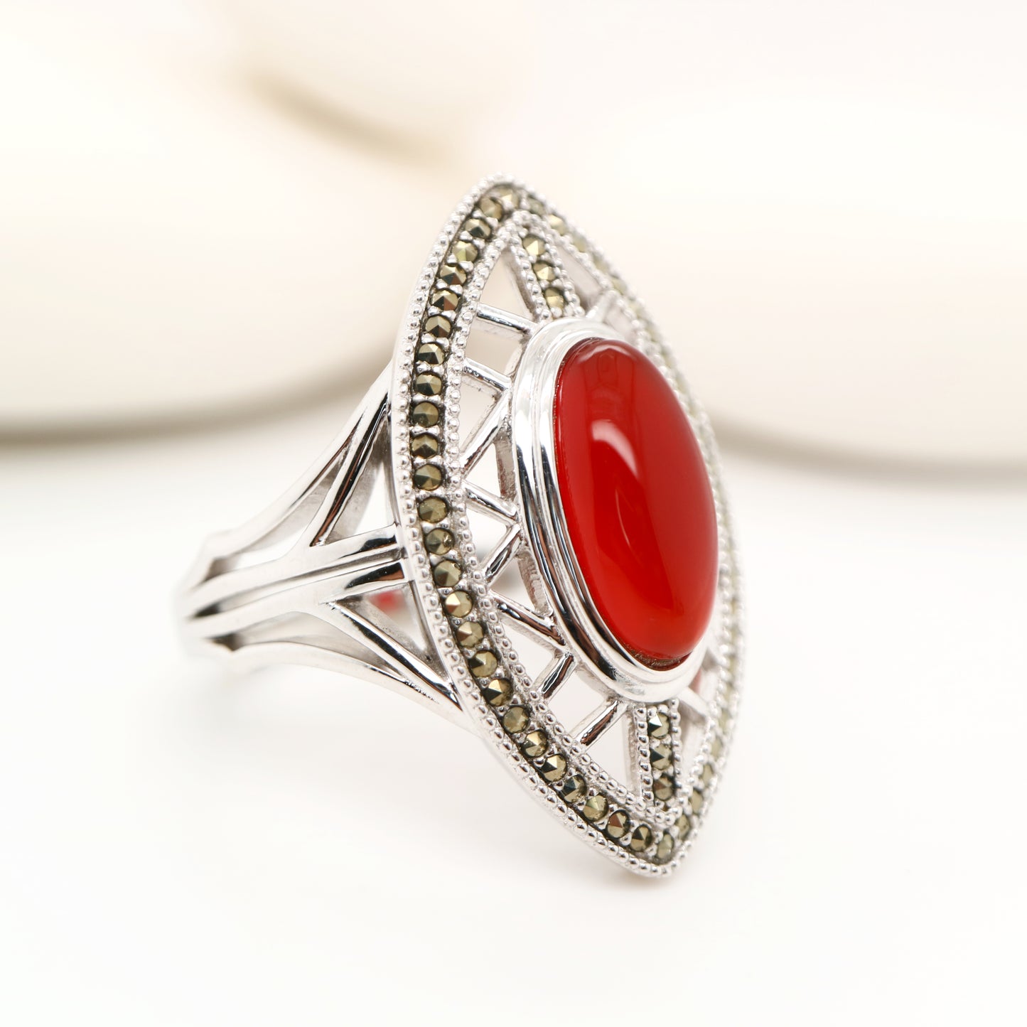 Art deco cocktail shield ring with carnelian and swiss cut marcasite in sterling silver