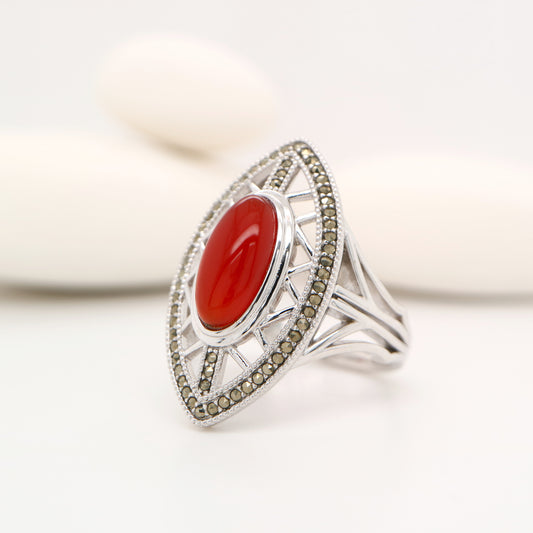 Art deco cocktail shield ring with carnelian and swiss cut marcasite in sterling silver