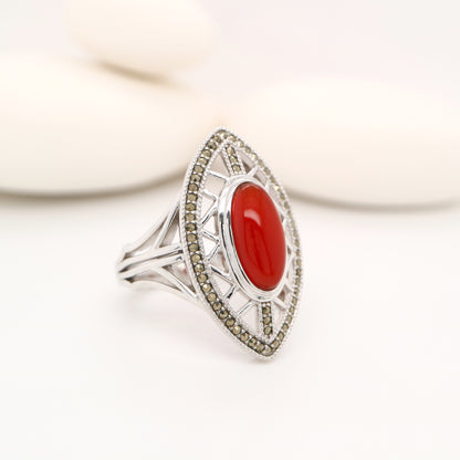 Art deco cocktail shield ring with carnelian and swiss cut marcasite in sterling silver