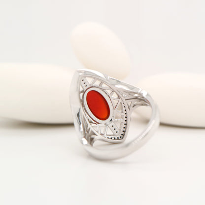 Art deco cocktail shield ring with carnelian and swiss cut marcasite in sterling silver