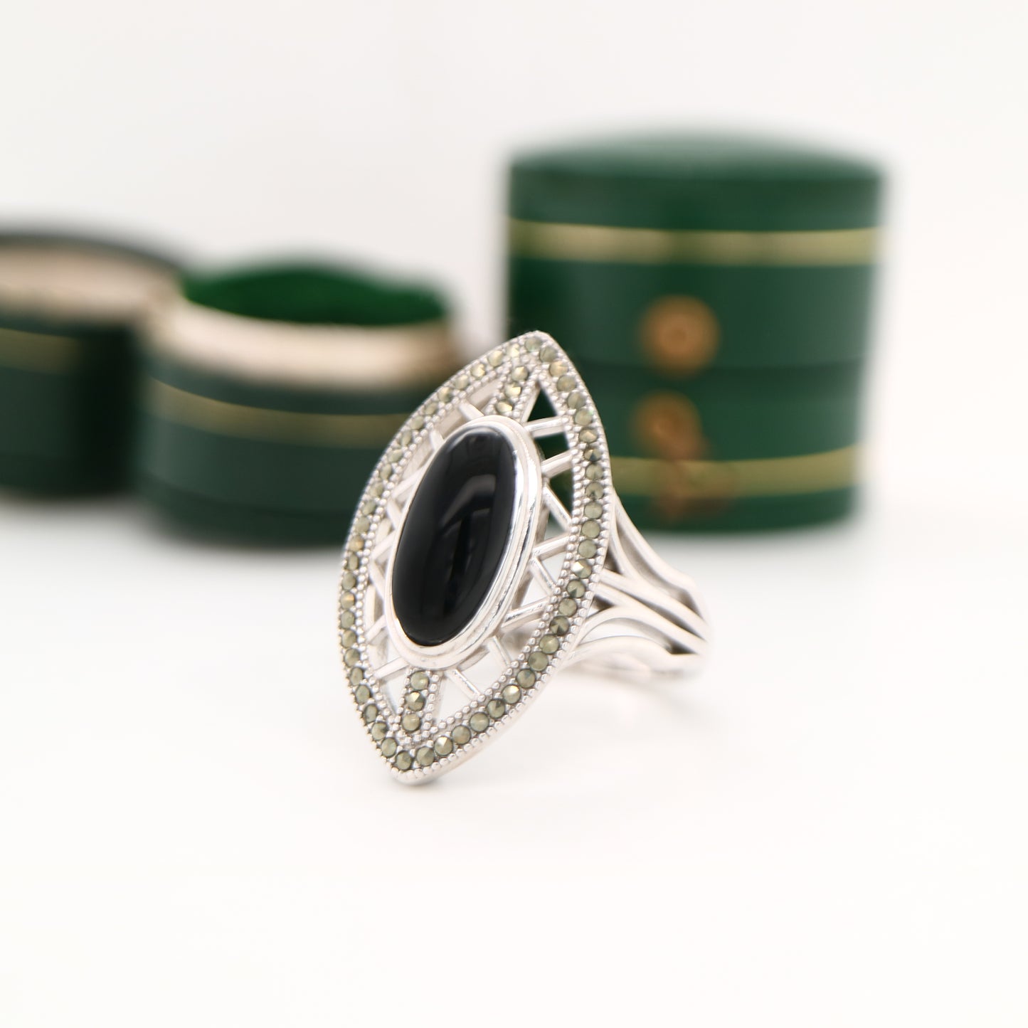 Art deco cocktail shield ring with black onyx and swiss cut marcasite in sterling silver