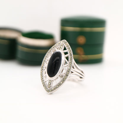 Art deco cocktail shield ring with black onyx and swiss cut marcasite in sterling silver
