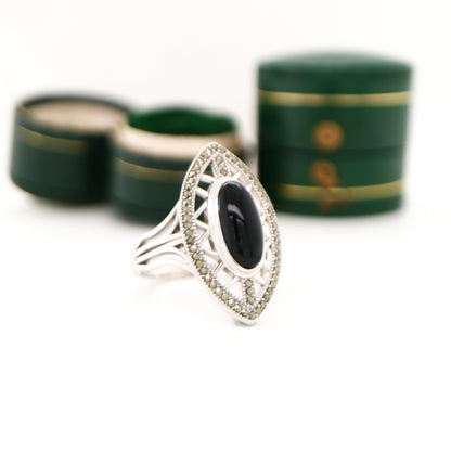 Art deco cocktail shield ring with black onyx and swiss cut marcasite in sterling silver