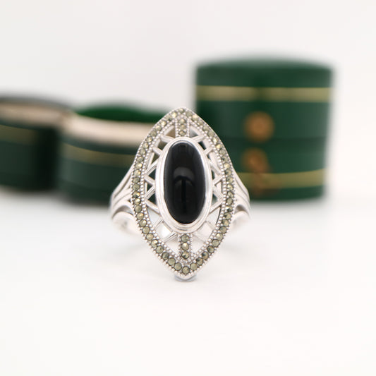Art deco cocktail shield ring with black onyx and swiss cut marcasite in sterling silver