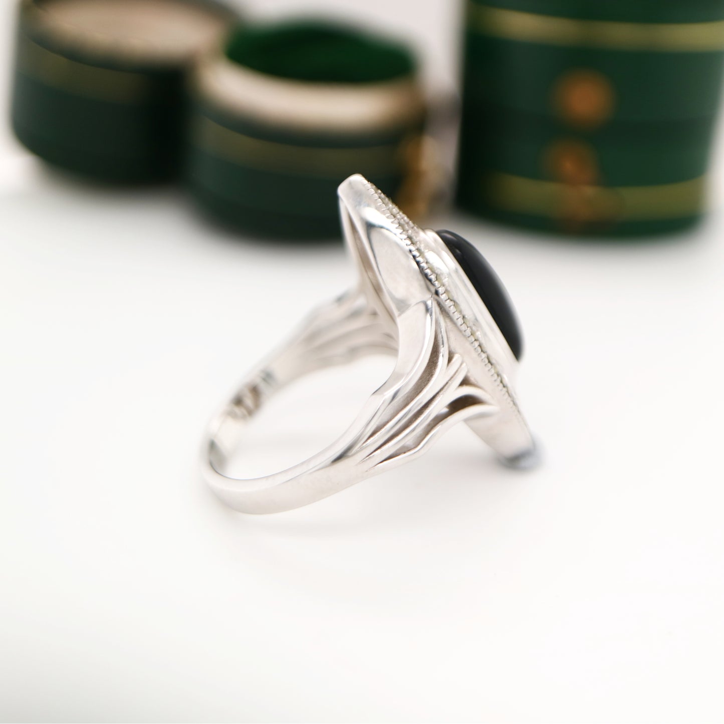 Art deco cocktail shield ring with black onyx and swiss cut marcasite in sterling silver