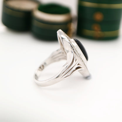 Art deco cocktail shield ring with black onyx and swiss cut marcasite in sterling silver