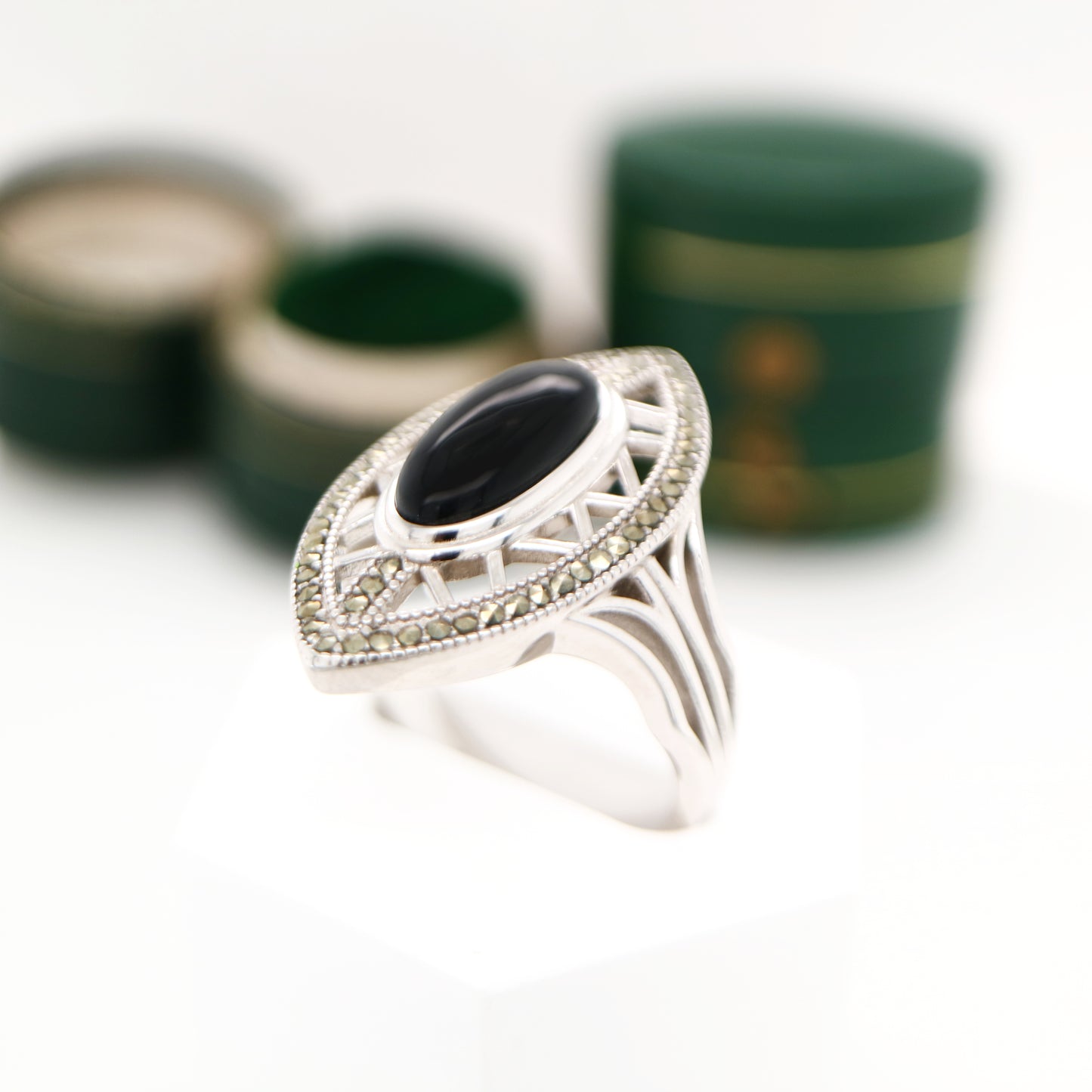 Art deco cocktail shield ring with black onyx and swiss cut marcasite in sterling silver