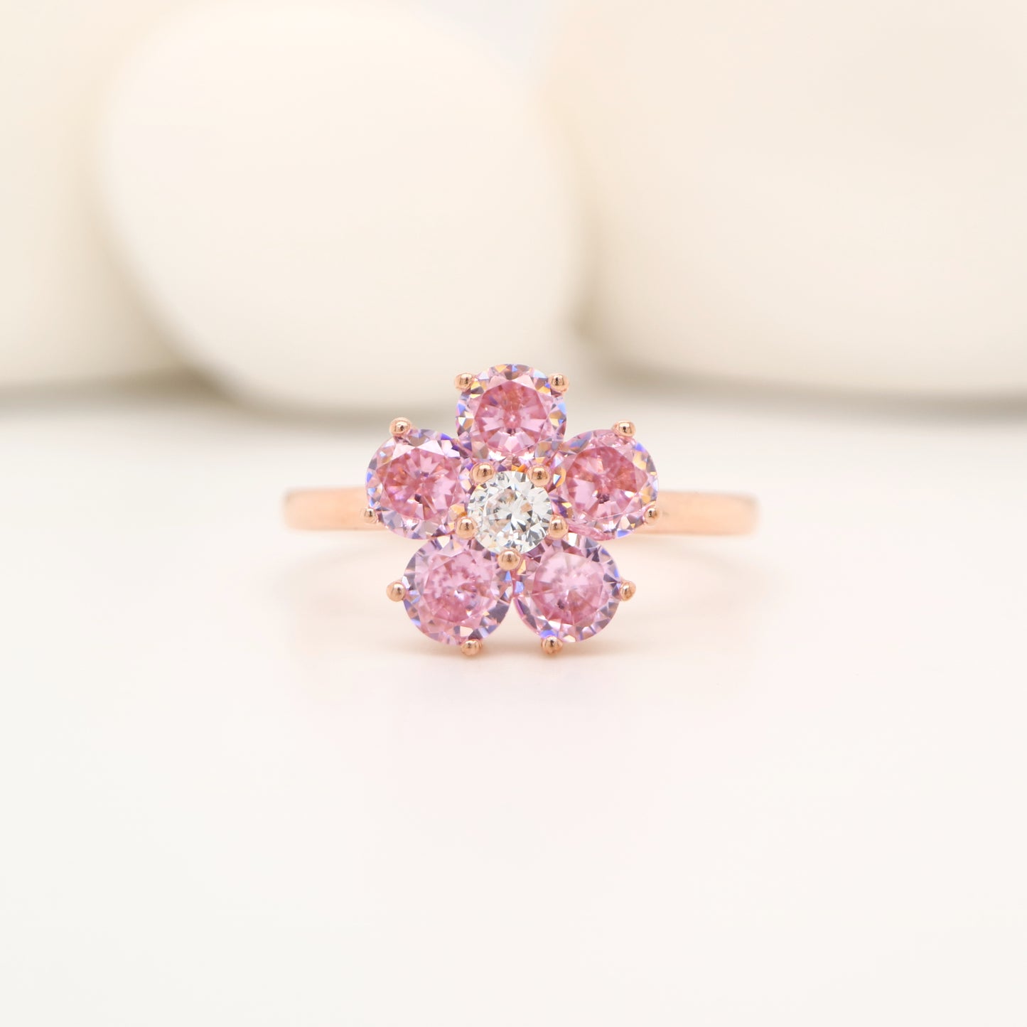 Cherry blossom ring with laboratory grown sapphire in sterling silver with rose gold plating