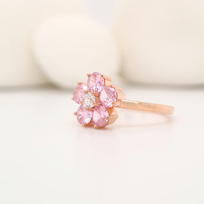 Cherry blossom ring with laboratory grown sapphire in sterling silver with rose gold plating