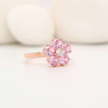 Cherry blossom ring with laboratory grown sapphire in sterling silver with rose gold plating