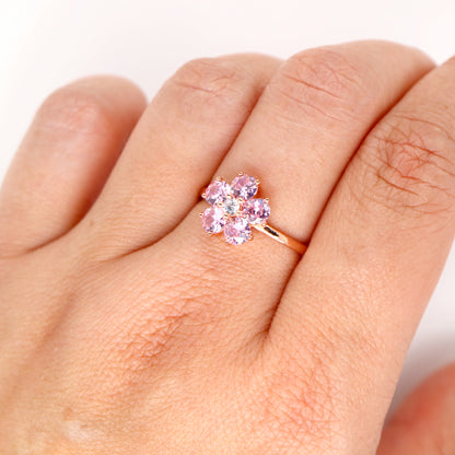 Cherry blossom ring with laboratory grown sapphire in sterling silver with rose gold plating